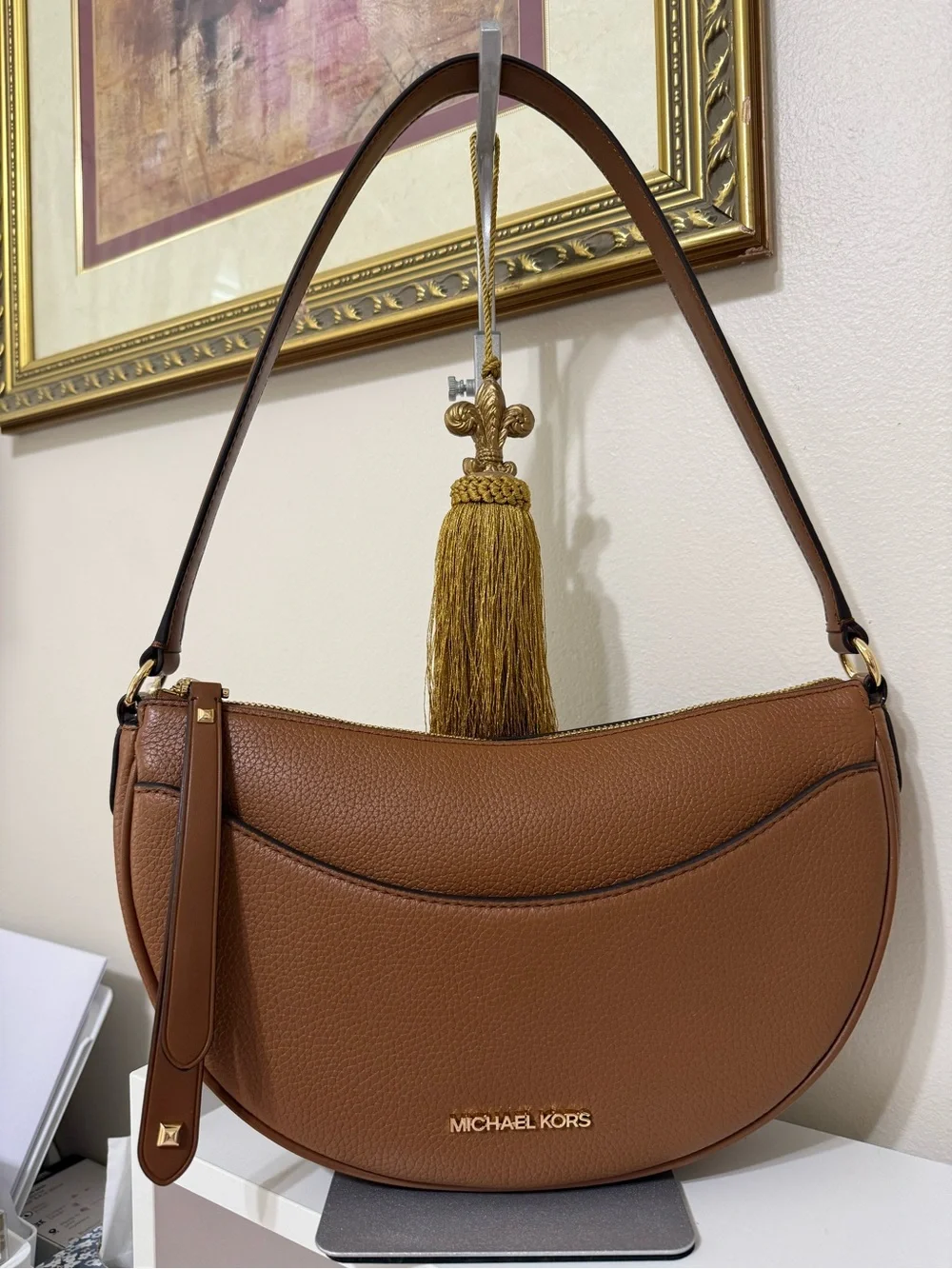 Michael Kors Brown Pebble Leather Crescent Shoulder Bag